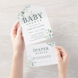 Small Botanical Letter Boy Baby Shower | Diaper Raffle All In One Invitation Front View