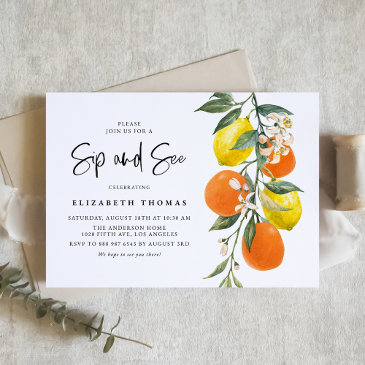 botanical orange and lemon garland sip and see invitation