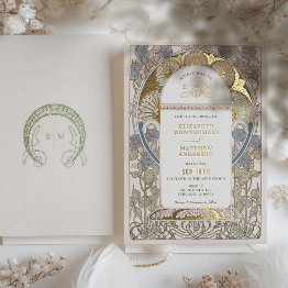 Small Bougainvillea Blue Gold Wedding Art Nouveau Mucha Foil Invitation Front View