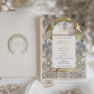 bougainvillea blue gold wedding art nouveau mucha foil invitation