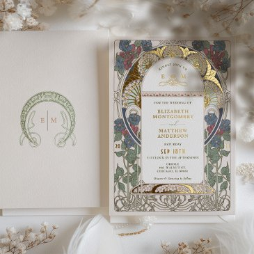 bougainvillea burgundy blue wedding art nouveau foil invitation