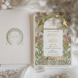 Small Bougainvillea Red Gold Wedding Art Nouveau Mucha Foil Invitation Front View