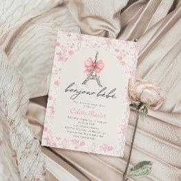 Small Boujour Bebe Paris French Toile Pink Baby Shower Invitation Front View