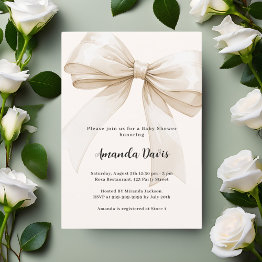 Small Bow Gender Neutral Beige Baby Shower Invitation Front View