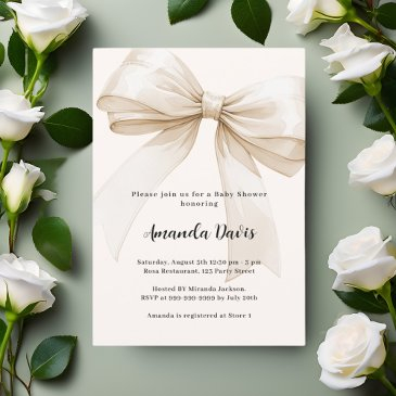 bow gender neutral beige baby shower invitation