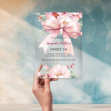 bow pink florals clear sweet 16 acrylic invitations
