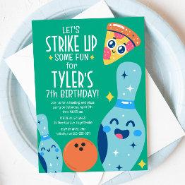 Small Bowling And Pizza Retro Birthday Party Invitation Front View