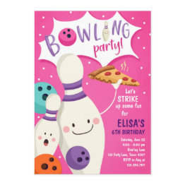 Small Bowling Birthday Invitation Girl Pink Pizza Strike Front View