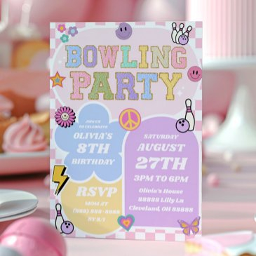 bowling party preppy varsity patch birthday party invitation