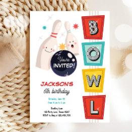 Small Bowling Strike Up Some Fun Retro Boy Girl Birthday Invitation Front View