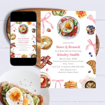 bows + brunch girl pink baby shower breakfast invitation