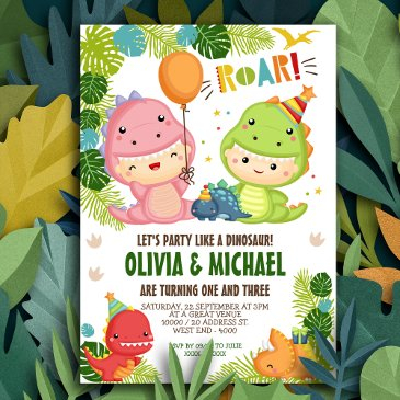boy and girl dinosaur joint birthday invitation