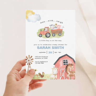 boy farm animals baby shower invitation