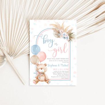 boy or girl gender reveal teddy bear balloon invitation