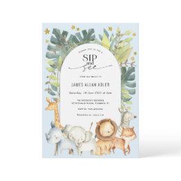 Small Boy Sip And See Safari Themed Baby Shower Invitation Front View