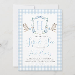 Small Boy Stork Preppy Gingham Blue Sip & See Invitation Front View