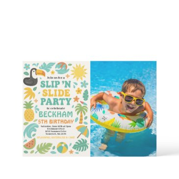 boy tropical slip ’n’ slide birthday party photo invitation