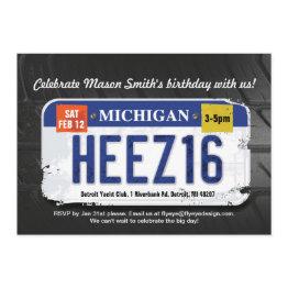 Small Boy's 16th Birthday Michigan License Invitation Front View