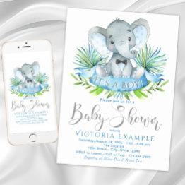 Small Boys Baby Elephant Baby Shower Invitations Front View