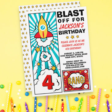 boy's birthday party rocket space ship blast off invitation
