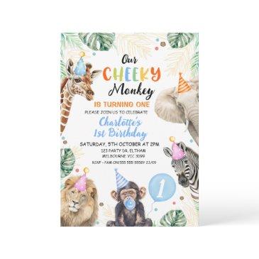 boys blue hat our cheeky monkey birthday invitation