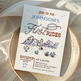 Small Boys Blue Western Desert First Rodeo 1st Birthday Invitation Front View