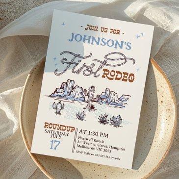 boys blue western desert first rodeo 1st birthday invitation