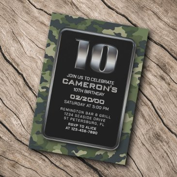 boys camo hunting army 10th birthday invitation