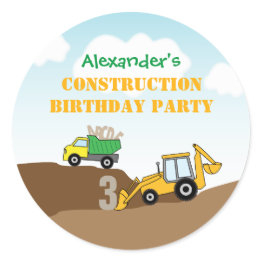 Small Boy's Construction Digger Dump Truckbirthday Party Classic Round Sticker Front View