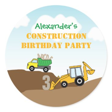 boy's construction digger dump truckbirthday party classic round sticker