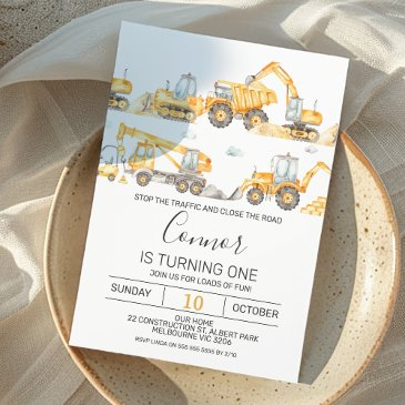 boys construction vehicles birthday invitation