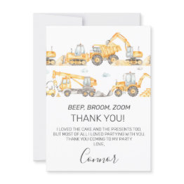 Small Boys Construction Vehicles Birthday Thank You Invitations Front View