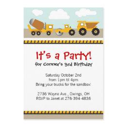 Small Boys Contruction Trucks Invitation Front View