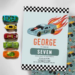 Small Boys Cool Blue Racing Car Kids Birthday Invitation Front View