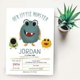 Small Boys Cute And Modern Monster Kids Birthday Party Invitation Front View