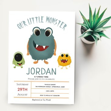 boys cute and modern monster kids birthday party invitation