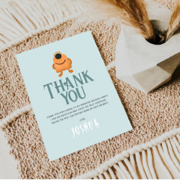 Small Boys Cute Blue Monster Alien Kids Birthday Thank You Invitations Front View