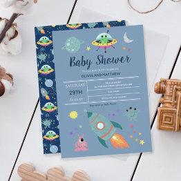 Small Boys Cute Blue Space Alien Rocket Baby Shower Invitation Front View