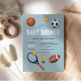 Small Boys Cute Blue Sports Baby Shower Invitation Front View