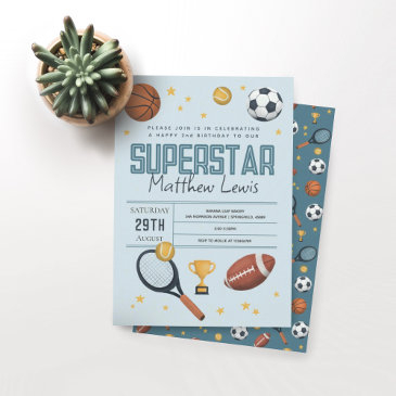 boys cute blue sports superstar kids 2nd birthday invitation