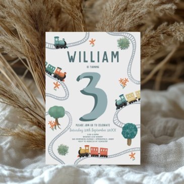 boys cute modern blue train travel kids birthday invitation