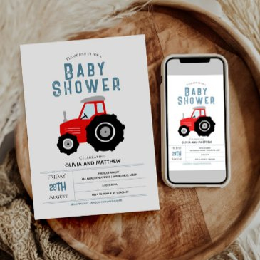 boys cute rustic farm red tractor baby shower invitation