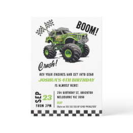 Small Boys Green Fluorescent Monster Truck Birthday Invitation Front View