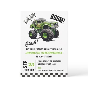 boys green fluorescent monster truck birthday invitation