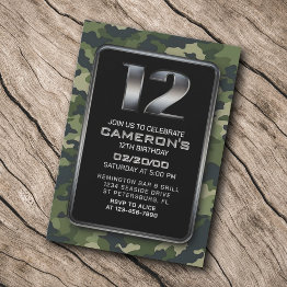 Small Boys Hunting Army 12th Birthday Invitation Front View