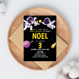 Small Boys Modern Astronaut Black Kids Birthday Invitation Front View