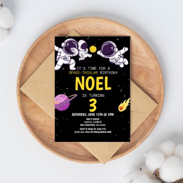 boys modern astronaut black kids birthday invitation