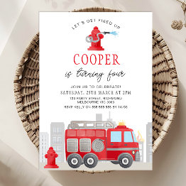 Small Boys Red Let's Get Fired Up Fire Engine Birthday Invitation Front View
