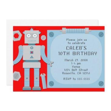 boys red robot custom birthday party invitations