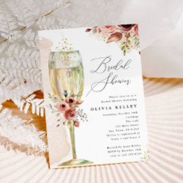 Small Bridal Shower Earthy Floral Champagne Glass Invitation Front View